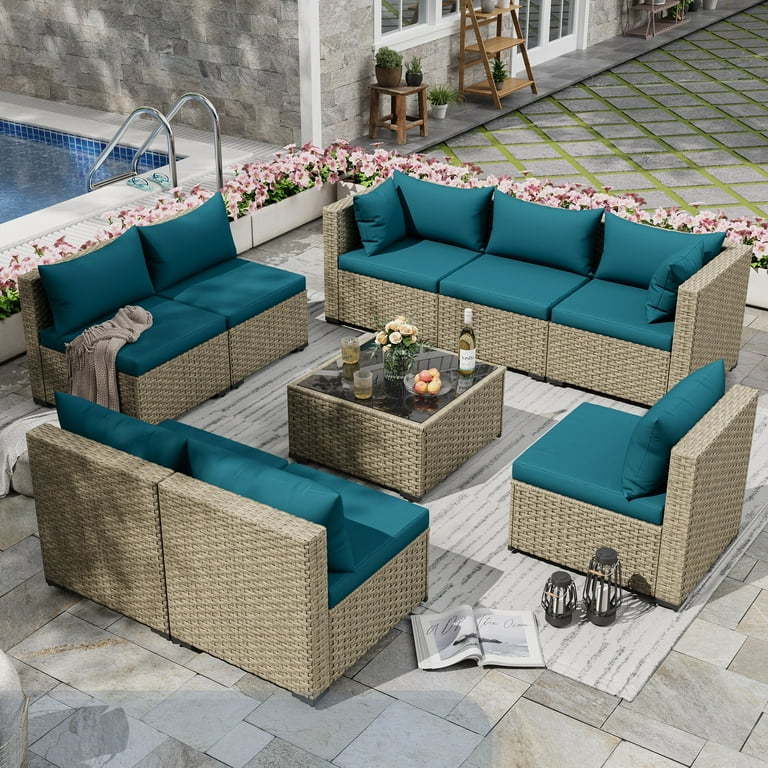 Poteban Patio Furniture Sets Modular Rattan Outdoor Patio Sectional Furniture Sofa Set Wicker Patio Conversation Set for Backyard 9PCS