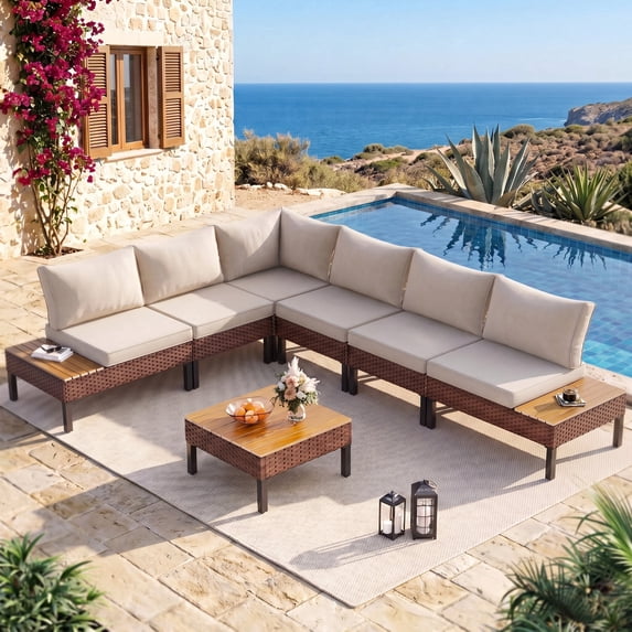 Poteban 7-piece Outdoor Patio Furniture Set with Modular Sofa, Outdoor Patio Sectional Set,L-Shaped Sectional Sofa Couch with Coffee Table for Backyard,Lawn,Garden,Khaki