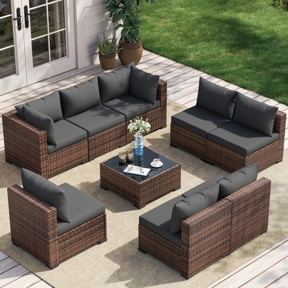 Poteban Patio Furniture Sets, Modular Rattan Outdoor Patio Sectional Furniture Sofa Set, Wicker Patio Conversation Set for Backyard,9PCS