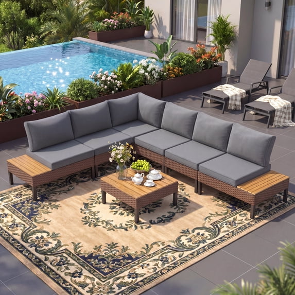 Poteban 7-piece Rattan Outdoor Patio Sofa Set,L-Shaped Sectional Sofa Couch with Coffee Table for Backyard,Lawn,Garden,Dark Grey