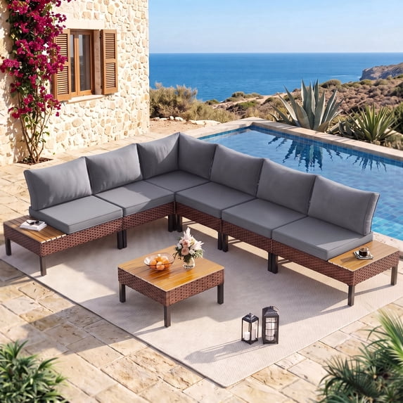 Poteban 7-piece Outdoor Patio Furniture Set with Modular Sofa, Outdoor Patio Sectional Set,L-Shaped Sectional Sofa Couch with Coffee Table for Backyard,Lawn,Garden,Dark Grey