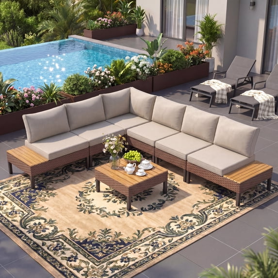 Poteban 7-piece Rattan Outdoor Patio Sofa Set,L-Shaped Sectional Sofa Couch with Coffee Table for Backyard,Lawn,Garden,Khaki