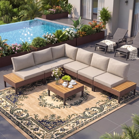 Poteban 7-piece Rattan Outdoor Patio Sofa Set,L-Shaped Sectional Sofa Couch with Coffee Table for Backyard,Lawn,Garden,Khaki