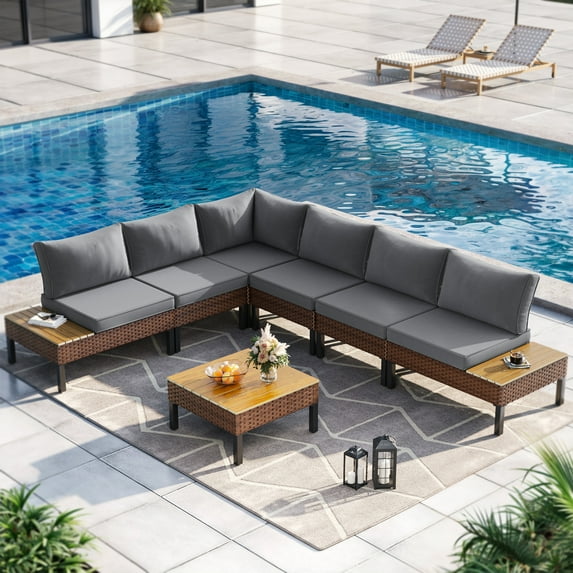 Poteban 7-piece Rattan Outdoor Patio Sofa Set,L-Shaped Sectional Sofa Couch with Coffee Table for Backyard,Lawn,Garden,Dark Grey