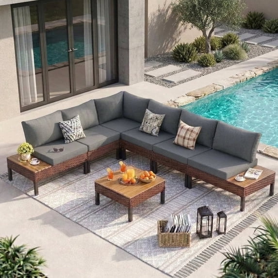 Poteban 7-piece Outdoor Patio Furniture Set with Modular Sofa, ,L-Shaped Outdoor Conversation Set with Coffee Table for Backyard,Lawn,Garden,Dark Grey