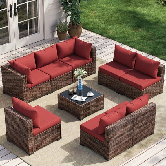 Poteban Patio Furniture Sets, Modular Rattan Outdoor Patio Sectional Furniture Sofa Set, Wicker Patio Conversation Set for Backyard,9PCS
