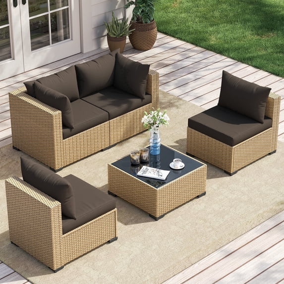 Poteban Patio Furniture Sets, Modular Rattan Outdoor Patio Sectional Furniture Sofa Set, Yellow Wicker Patio Conversation Set for Backyard,5PCS