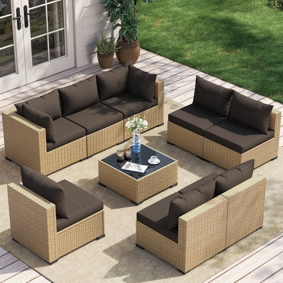 Poteban Patio Furniture Sets, Modular Rattan Outdoor Patio Sectional Furniture Sofa Set, Yellow Wicker Patio Conversation Set for Backyard,9PCS