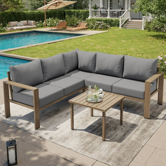 Poteban Metal Outdoor Sectional Furniture L Shape Patio Conversation Sets with Fauxwood Coffee Table with 6" Thick Olefin Cushions,Outdoor Patio Furniture sets for Backyard, Garden, Poolside