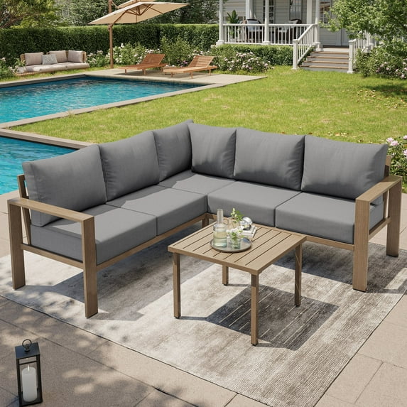 Poteban Metal Outdoor Sectional Furniture L Shape Patio Conversation Sets with Fauxwood Coffee Table with 6" Thick Olefin Cushions,Outdoor Patio Furniture sets for Backyard, Garden, Poolside