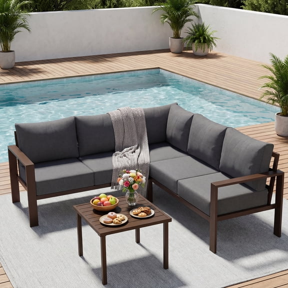 Poteban 6-Piece L-Shaped Outdoor Conversation  Set, Metal Sectional Sofa with 6" Thick Olefin Cushions, Wide Armrests & Coffee Table, Grey  for Garden Backyard