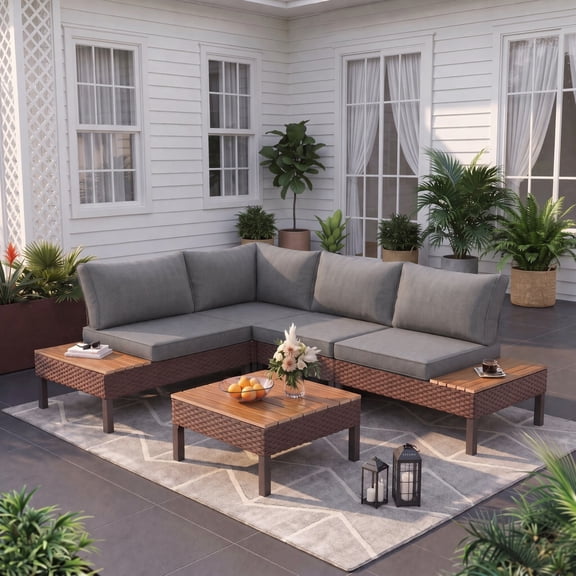 Poteban 5-piece Outdoor Patio Furniture Set with Modular Sofa, Outdoor Patio Sectional Set,L-Shaped Sectional Sofa Couch with Coffee Table for Backyard,Lawn,Garden,Dark Grey