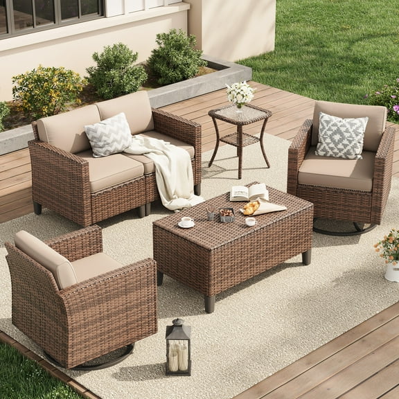 Poteban Patio Set, 6 Pieces Outdoor Furniture Sets with Rocking Swivel Chairs, Wicker Rattan, Waterproof Covers for Backyard