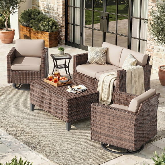 Poteban Patio Set, 6 Pieces Outdoor Furniture Sets with Rocking Swivel Chairs, Wicker Rattan, Waterproof Covers for Backyard