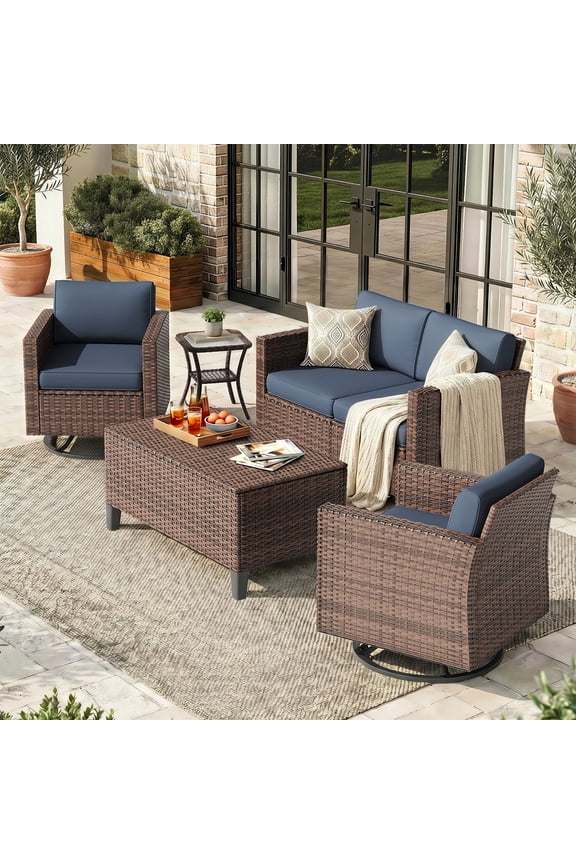 Patio Set, 6 Pieces Outdoor Furniture Sets with Rocking Swivel Chairs, Wicker Rattan, Waterproof Covers for Backyard