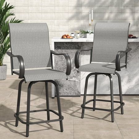 Poteban Patio Swivel Bar Stools Chair of 2, Outdoor Bar Heigt Set, All Weather High Back and Armrest Rocking Stools & Bar Chairs for Backyard, Lawn Garden, Balcony and Pool,Gray&White