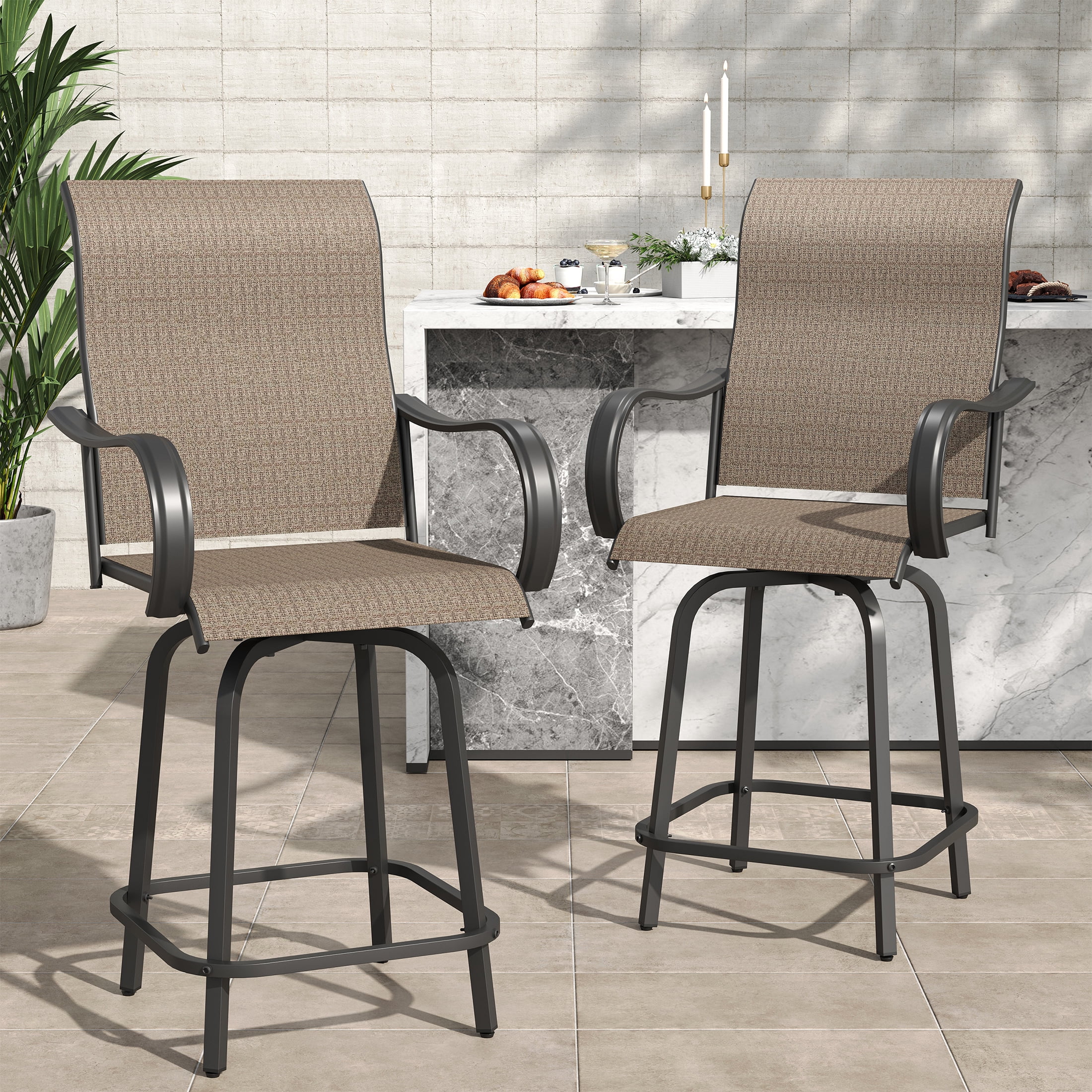 Poteban Patio Swivel Bar Stools, Set of 2, Outdoor High Back Chairs, All Weather, Khaki
