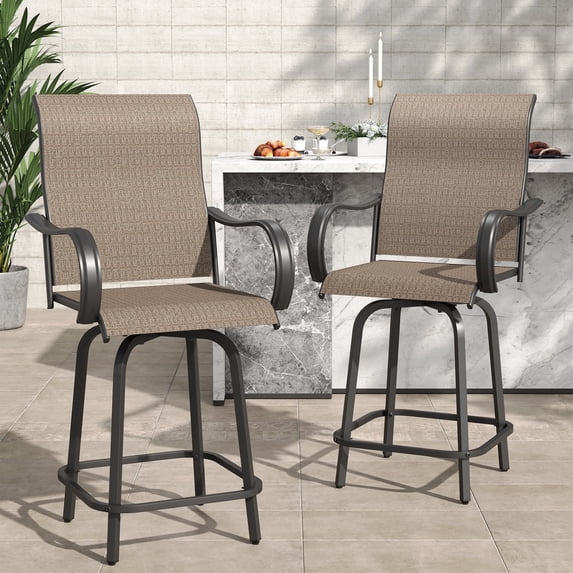 Poteban Patio Swivel Bar Stools Chair of 2, Outdoor Bar Heigt Set, All Weather High Back and Armrest Rocking Stools & Bar Chairs for Backyard, Lawn Garden, Balcony and Pool,Khaki
