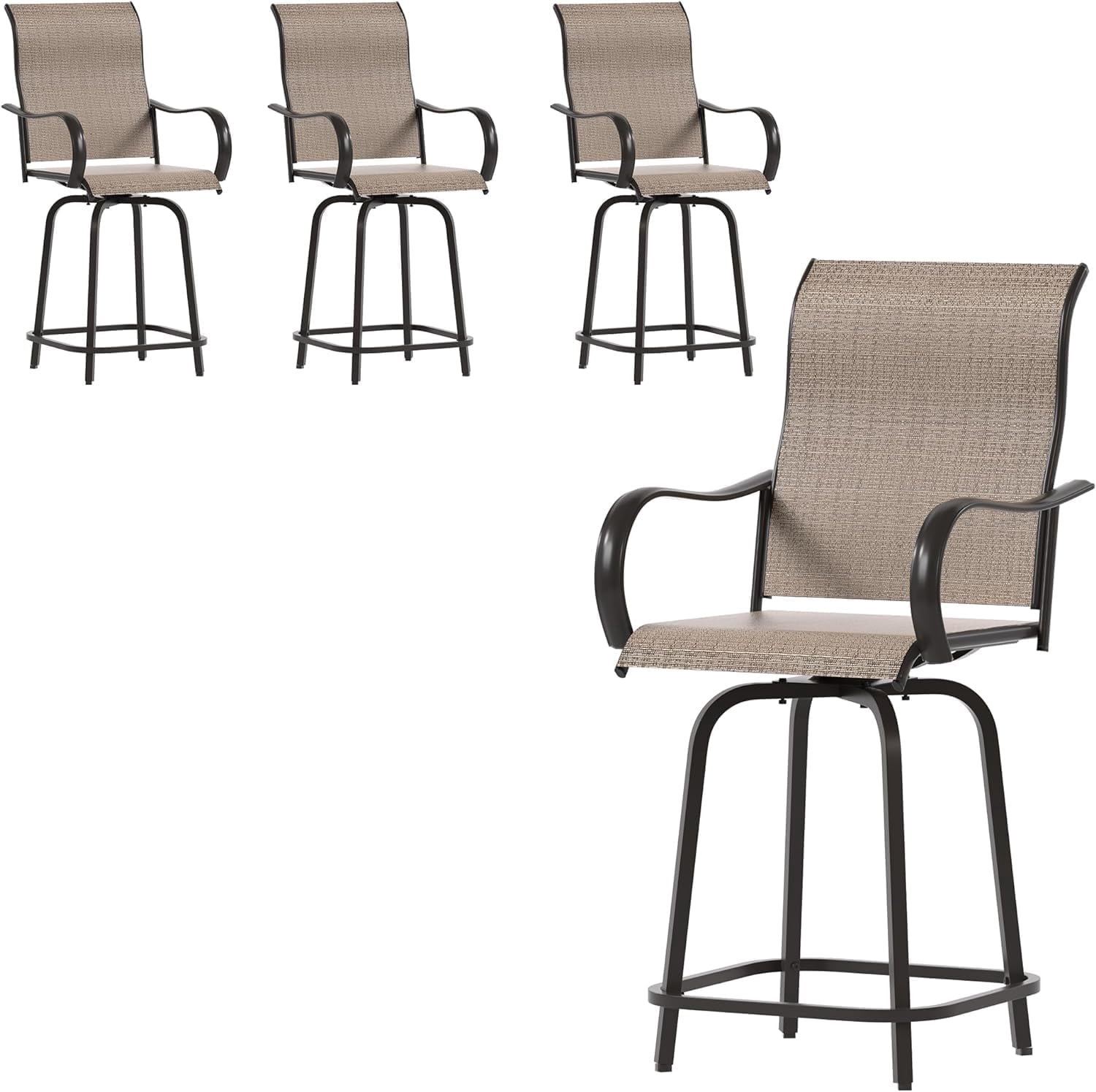 Poteban Patio Swivel Bar Stools Chair of 4, Outdoor Bar Heigt Set, All Weather High Back and Armrest Rocking Stools & Bar Chairs for Backyard, Lawn Garden, Balcony and Pool,Khaki