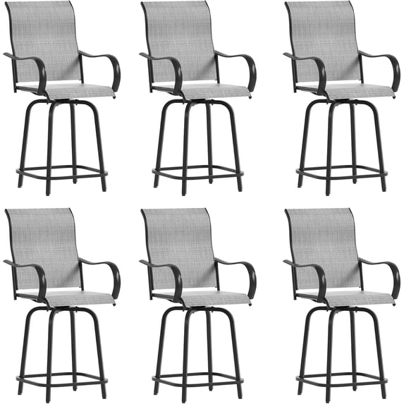 Poteban Patio Swivel Bar Stools Chair of 6, Outdoor Bar Heigt Set, All Weather High Back and Armrest Rocking Stools & Bar Chairs for Backyard, Lawn Garden, Balcony and Pool,Gray&White
