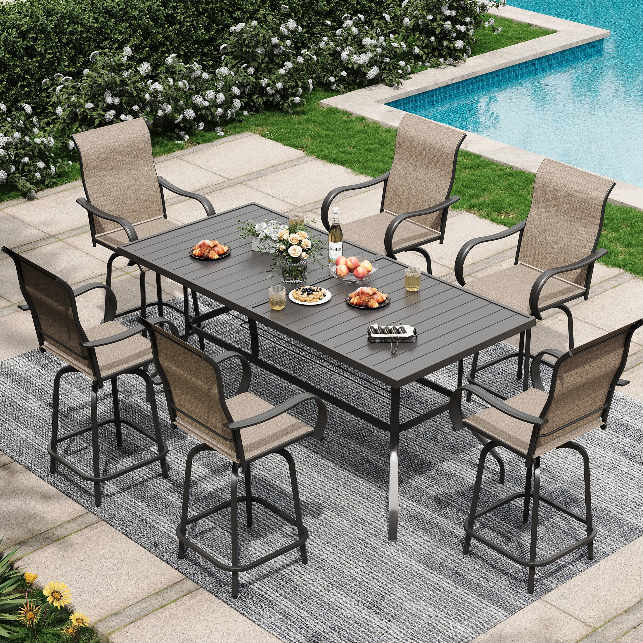 Poteban Outdoor Patio Swivel Bar Stools Set of 6 High Back Armrest All Weather Gray White Walmart
