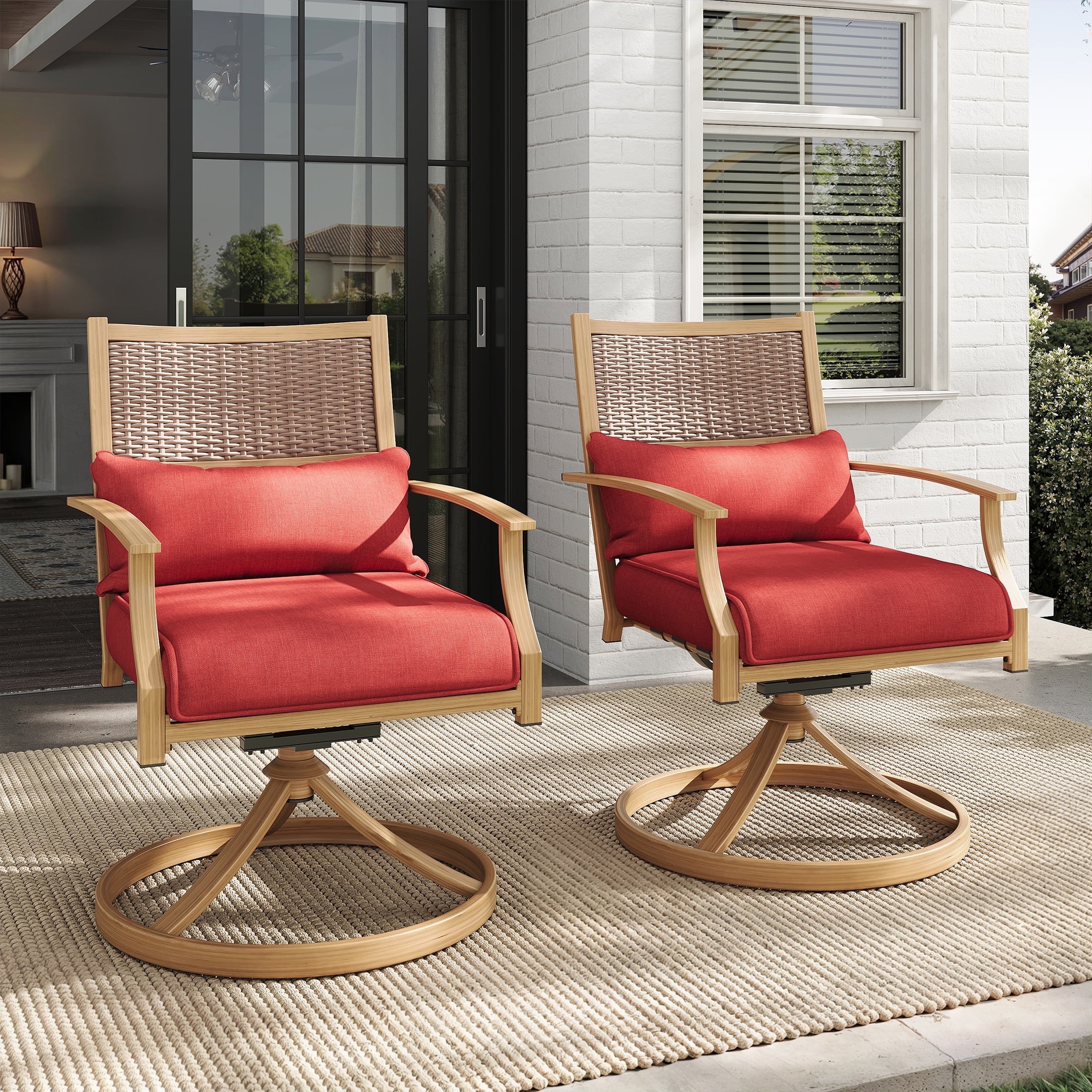 Poteban Patio Swivel Chairs Set of 2, Outdoor Dining Chairs with Deep Seat Cushion, All Weather Swivel Rocker Chairs with Hand-Painted Metal Frame, for Backyard Deck Lawn (Red)