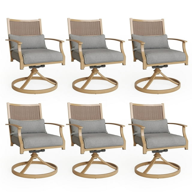 Poteban Patio Swivel Chairs Set of 6, Outdoor Dining Chairs with Deep Seat Cushion, All Weather Swivel Rocker Chairs with Hand-Painted Metal Frame, for Backyard Deck Lawn (Gray)