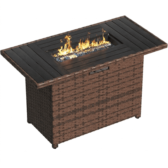 POTEBAN Rattan Propane Gas Fire Table,Outdoor Gas Burning Fire Pit,Outdoor Rattans Wicker-Look Square Fire Table with windscreen for Backyard,Brown