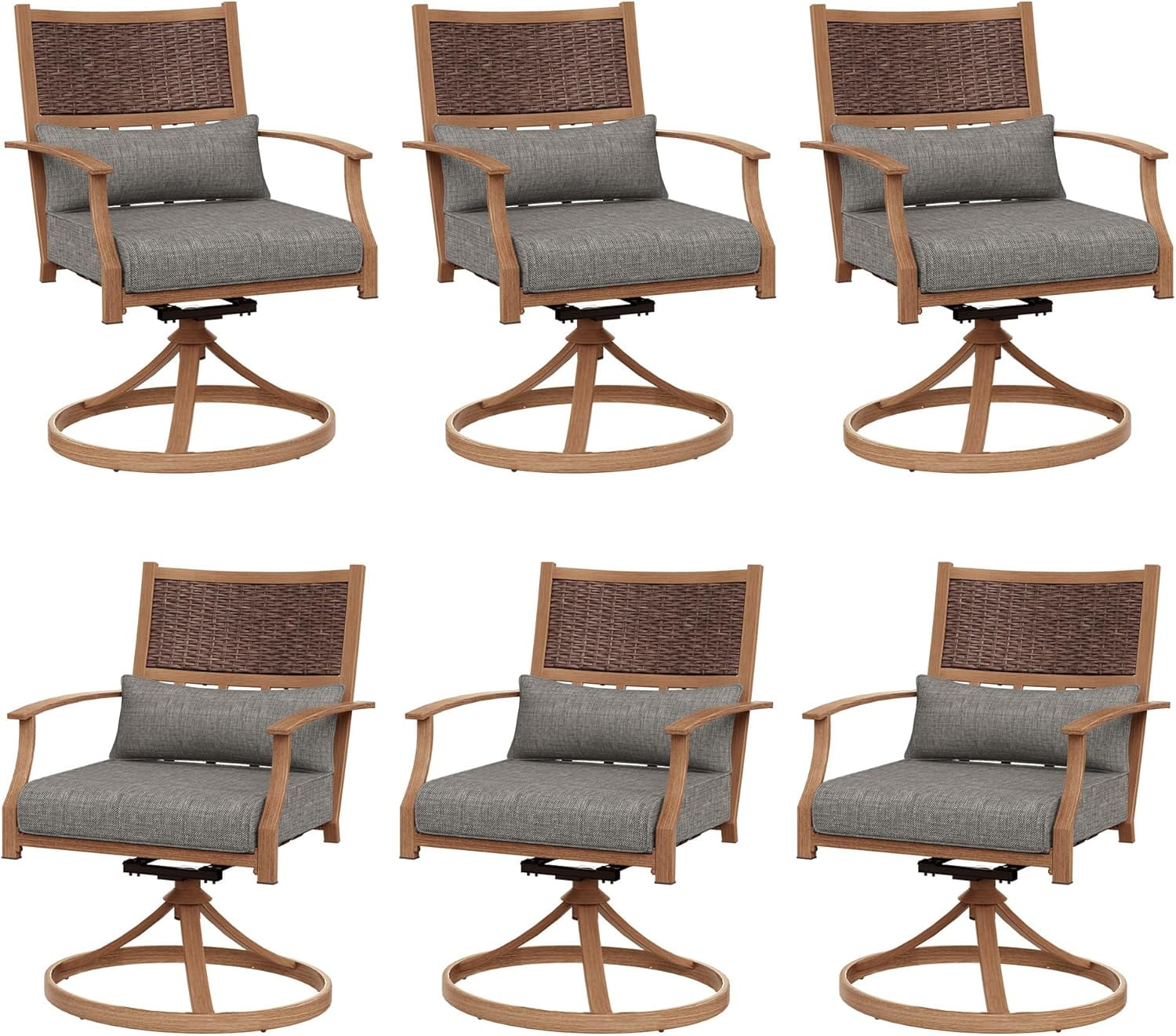 Poteban Patio Swivel Chairs Set of 6, Outdoor Dining Chairs with Deep Seat Cushion, All Weather Swivel Rocker Chairs with Hand-Painted Metal Frame, for Backyard Deck Lawn (Gray)