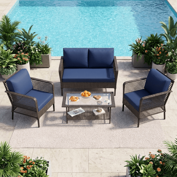 POTEBAN 4-Piece Wicker Outdoor Patio Conversation Set with Coffee Table, Brown Rattan Sofa Set for Balcony, Porch, Backyard, Blue