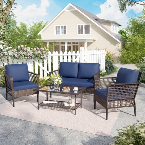 POTEBAN 4-Piece Wicker Outdoor Patio Conversation Set with Coffee Table, Brown Rattan Sofa Set for Balcony, Porch, Backyard, Blue