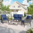 thumbnail image 1 of POTEBAN 4-Piece Wicker Outdoor Patio Conversation Set with Coffee Table, Grey Rattan Sofa Set for Balcony, Porch, Backyard, Blue, 1 of 9