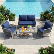 POTEBAN 4-Piece Wicker Outdoor Patio Conversation Set with Coffee Table, Grey Rattan Sofa Set for Balcony, Porch, Backyard, Blue