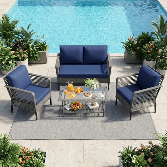 POTEBAN 4-Piece Wicker Outdoor Patio Conversation Set with Coffee Table, Grey Rattan Sofa Set for Balcony, Porch, Backyard, Blue