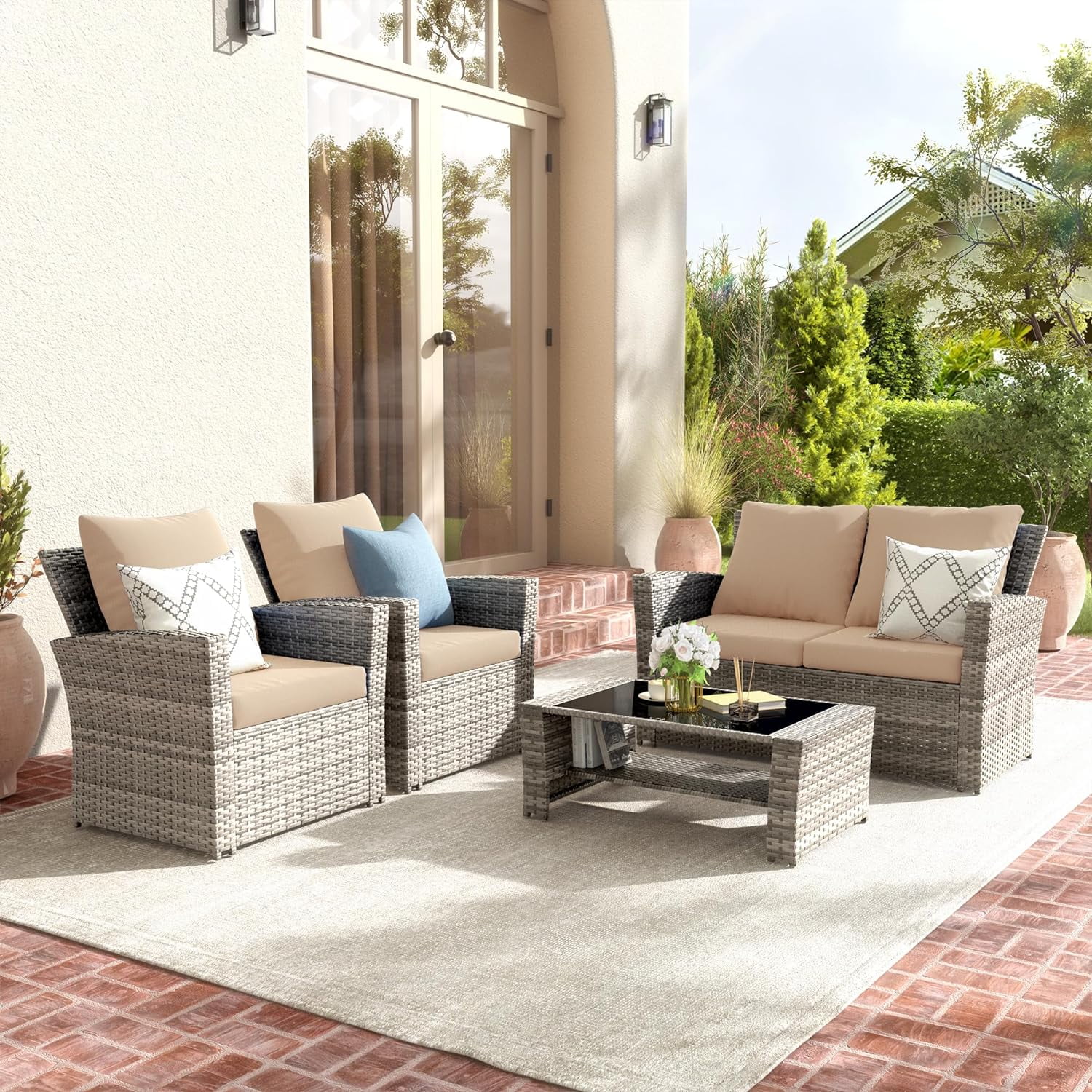Poteban Wicker Patio Furniture Set 4 Piece Outdoor Sectional Conversation Sets Gray PE Rattan Patio Sofa Set for Balcony Porch Backyard Khaki