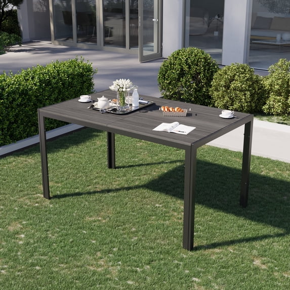 POTEBAN Outdoor Dining Table, Metal Rectangle Table with Umbrella Hole for Garden, Khaki