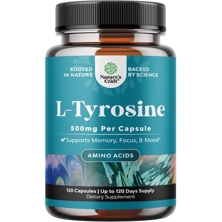 Natures Craft 500 mg L-Tyrosine Amino Acid Supplement for Energy and Focus Support, 120 Capsules