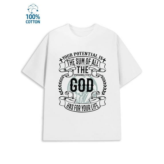 Potential God Life for men Jesus 180G 100% Cotton white witty Vintage Unisex Shirt Printed tshirts Retro Unisex Shirt Crewneck tshirts Trendy Unisex Shirt Cotton tshirts