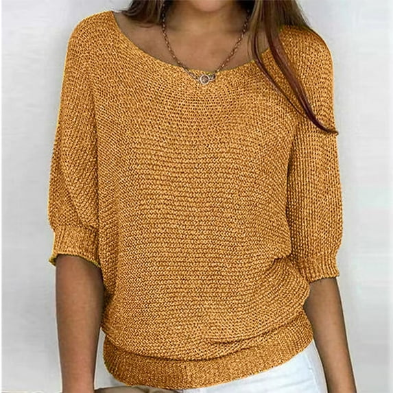 Poteti Pullover Sweaters for Women Waffle Knit Sweaters for Women,Half Sleeve Crew Neck Solid Color Fashion Casual Skin-friendly Pullover Sweater