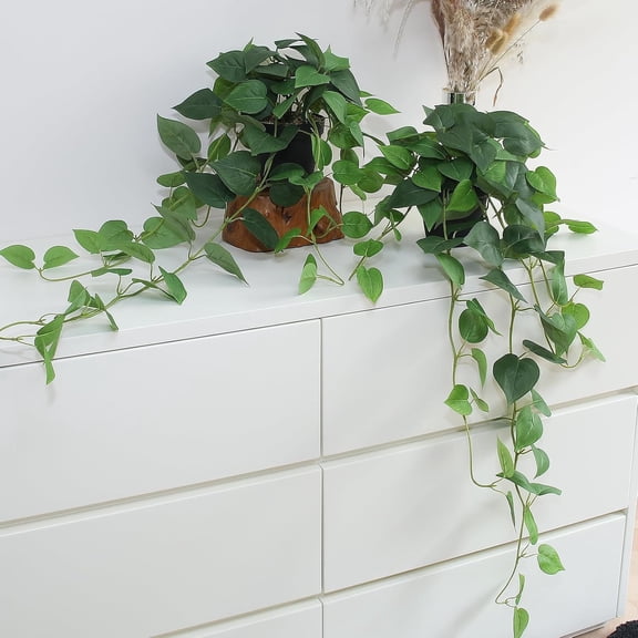 Pothos   - 33" Set of 2 Faux Ivy Vines with Pots Realistic Silk Devil's Ivy for Indoor Decor Low Maintenance Artificial House  for  Bathroom or Office - Green