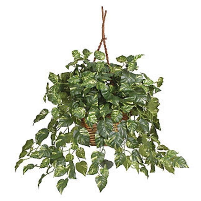 Lifelike Pothos Hanging Basket with Silk Leaves