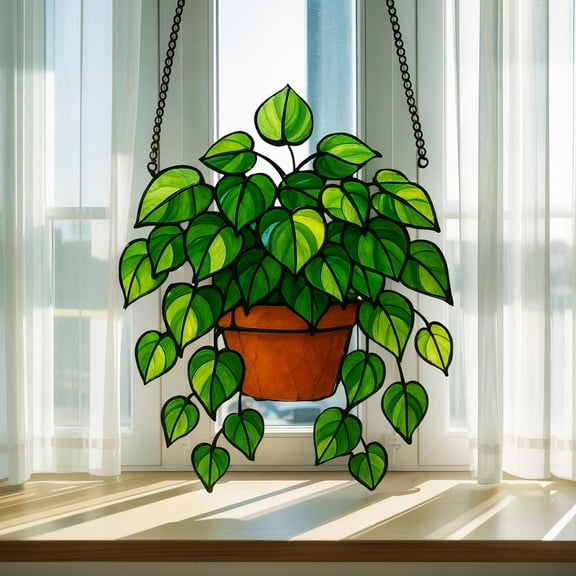 Pothos Plant Acrylic Suncatcher, Hanging Potted Plant Window Decor, Green Leaf Ornament, Botanical Window Hanging,Houseplant Art,Plant Lover