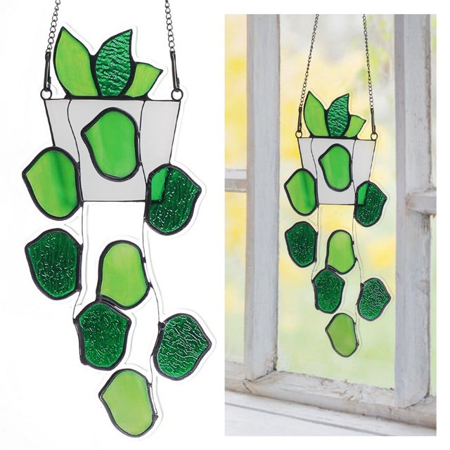 Pothos Plant Stained Glass Window Hanging, Artificial Greenery