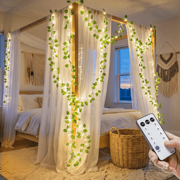 Pothos Vine with Fairy Lights, 33ft 100 LED String Lights with Remote, Warm White Leaf Twinkle Lights for Bedroom, Room, Wall, Garden, Party, Wedding and Dorm Indoor Decor