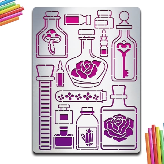 Potion Bottle Metal Stencil Journaling Metal Stencils Magic Mushroom Rose Vintage Key Diamond Stainless Steel Template Planner Stencil 5.57.5inch