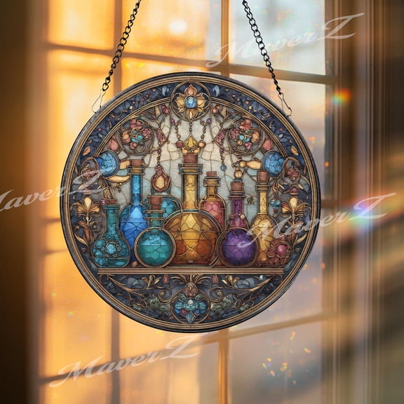 Potion Bottles Glass Suncatcher, Round Fantasy Alchemy Window Panel, Wizard Lab Art Decor, 7.9 in