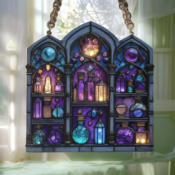 Potion Shelf Acrylic Suncatcher - Faux Stained Glass Witch Apothecary Window Hanging, Magical Decor, Halloween Gift For Her