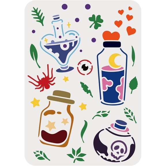 Potion Stencil 11.7x8.3 inch Bottles Stencil Plastic Potion Stencil Reusable Leaf Spider Love Eyeball Pattern Stencils for Painting on Wood Floor Wall and Tile