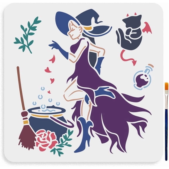 Potion Stencil 11.811.8inch Large Magic Theme Template with Paint Brush Mysterious Potion Broom Roses Drawing Stencil for DIY Projects Crafts Furniture Canvas Wall Decor