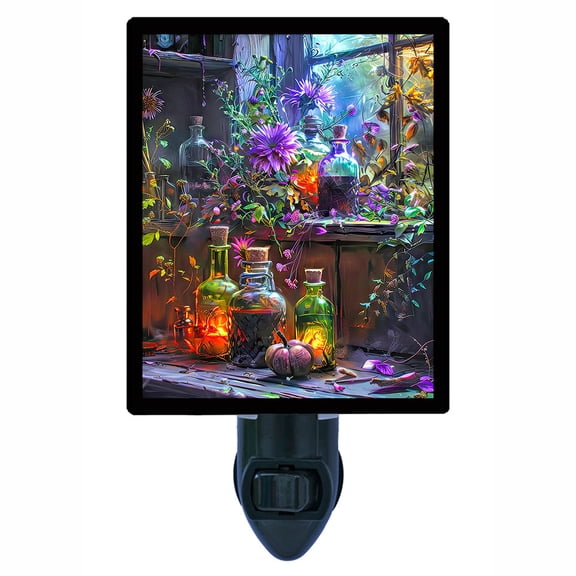Potion Workshop Night Light  Enchanted Bottles, Glowing Elixirs, and Wild Botanicals in a Vintage Window Setting  Free Switchable Insert